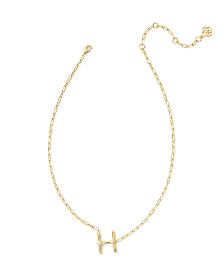 Pearl Letter H Short Pendant Necklace Gold White Pearl