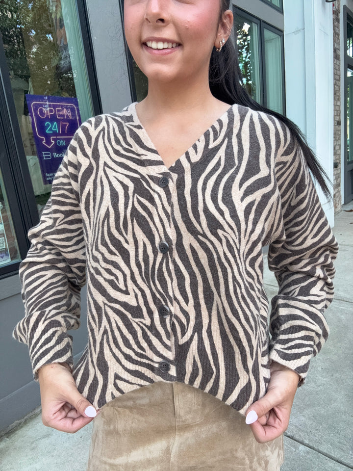 All The Wild Zebra Cardigan- Dark Chocolate