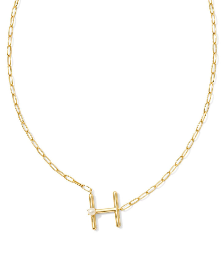 Pearl Letter H Short Pendant Necklace Gold White Pearl