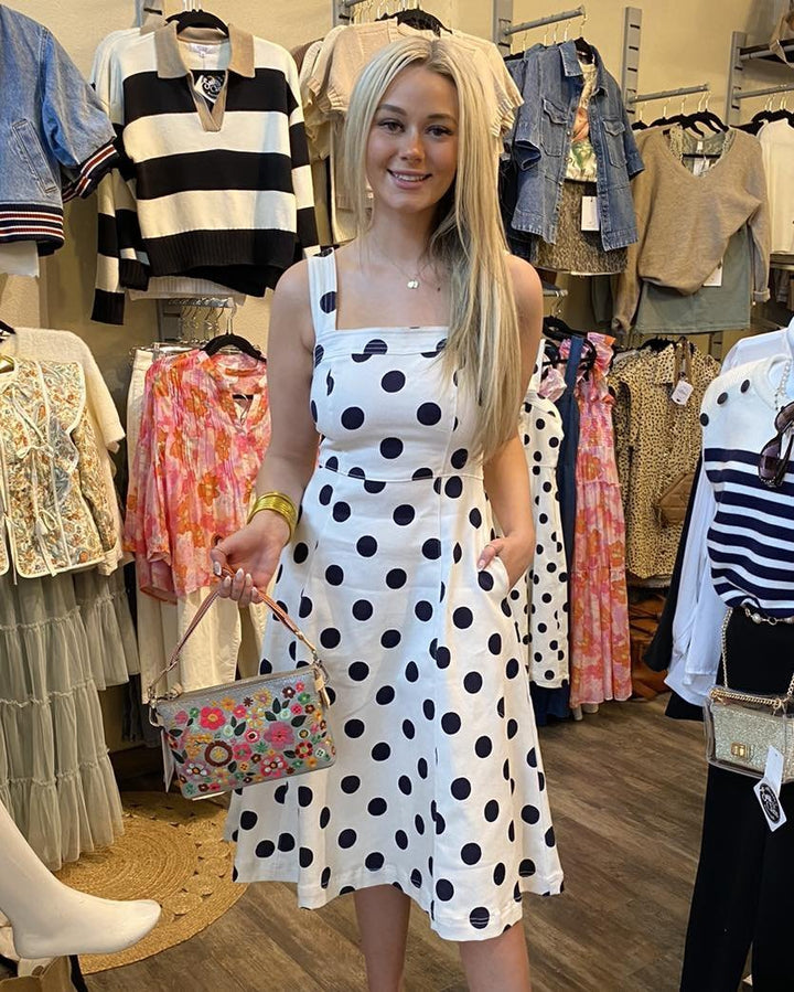 Dolly Polka Dot Dress Midi Dress - White/Navy - 0