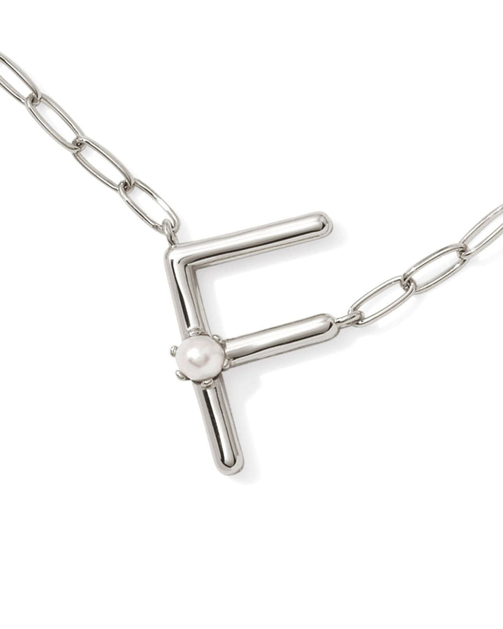 Pearl Letter F Short Pendant Necklace Silver White Pearl
