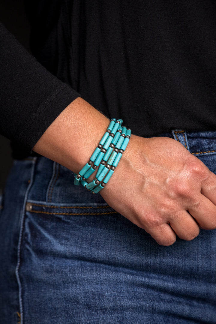 5 Strand Turquoise TubeBead and Faux Navajo Pearl Stretch Bracelet