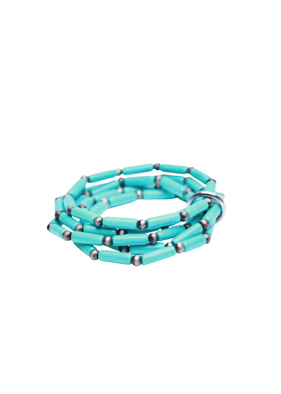 5 Strand Turquoise TubeBead and Faux Navajo Pearl Stretch Bracelet
