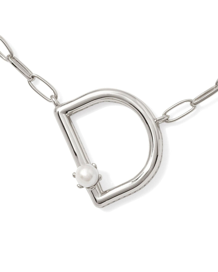 Pearl Letter D Short Pendant Necklace Silver White Pearl