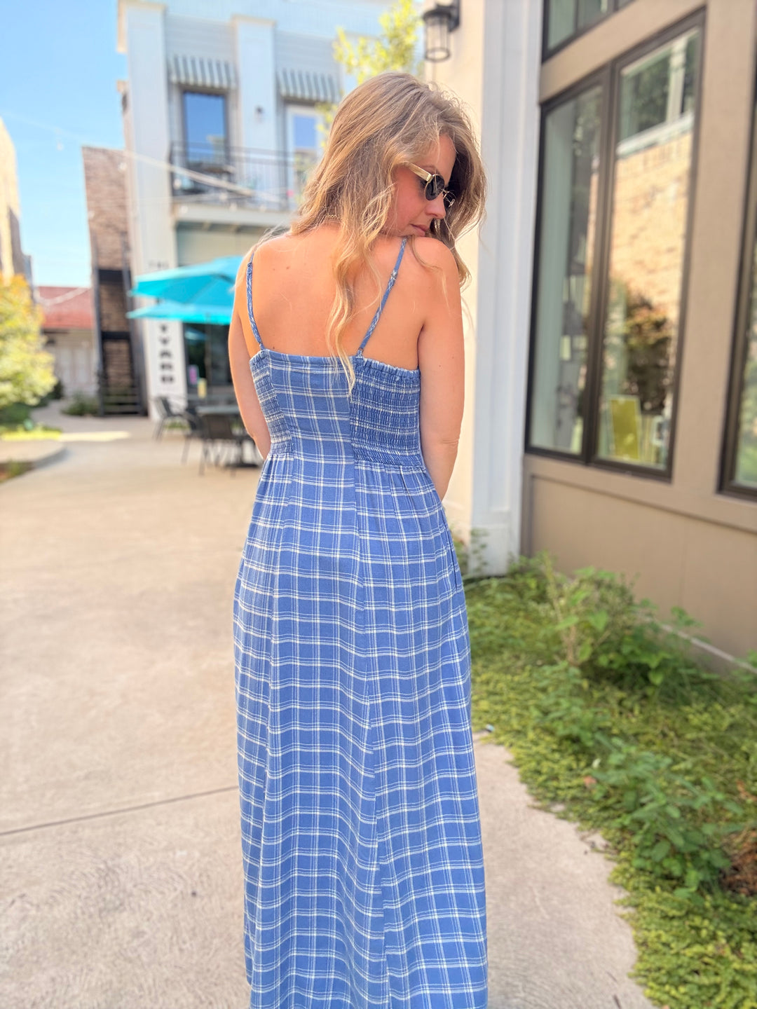 Angel Eyes Plaid Midi Dress- Mystic Blue