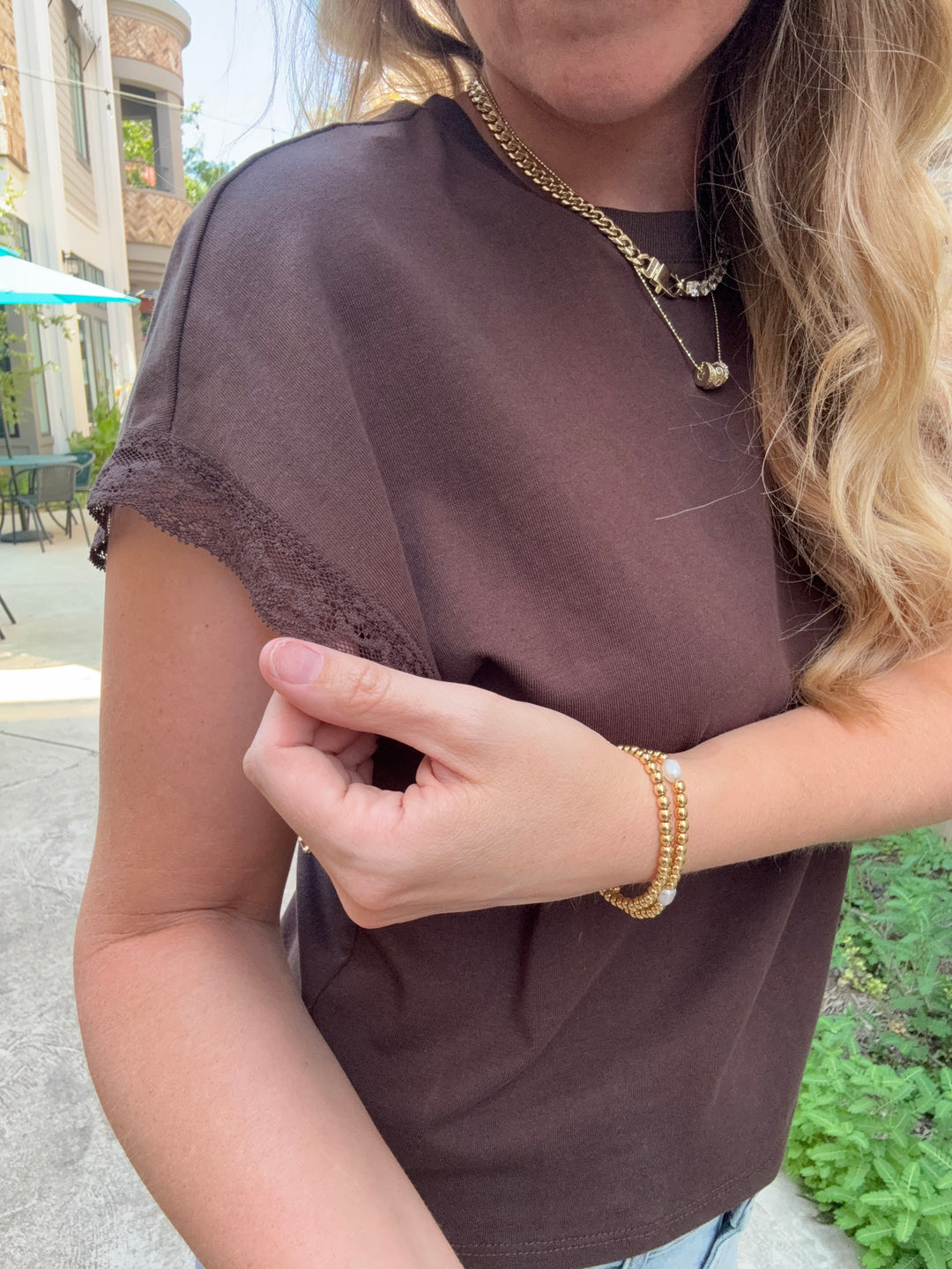 Marika Lace Trim Muscle Tee - Dark Chocolate