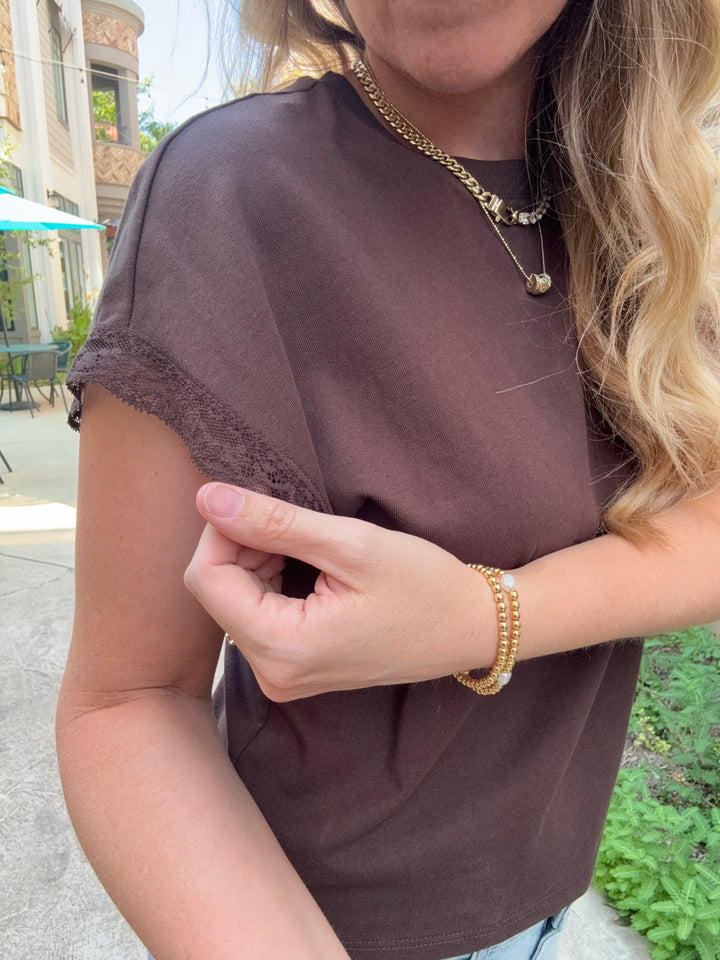 Marika Lace Trim Muscle Tee - Dark Chocolate