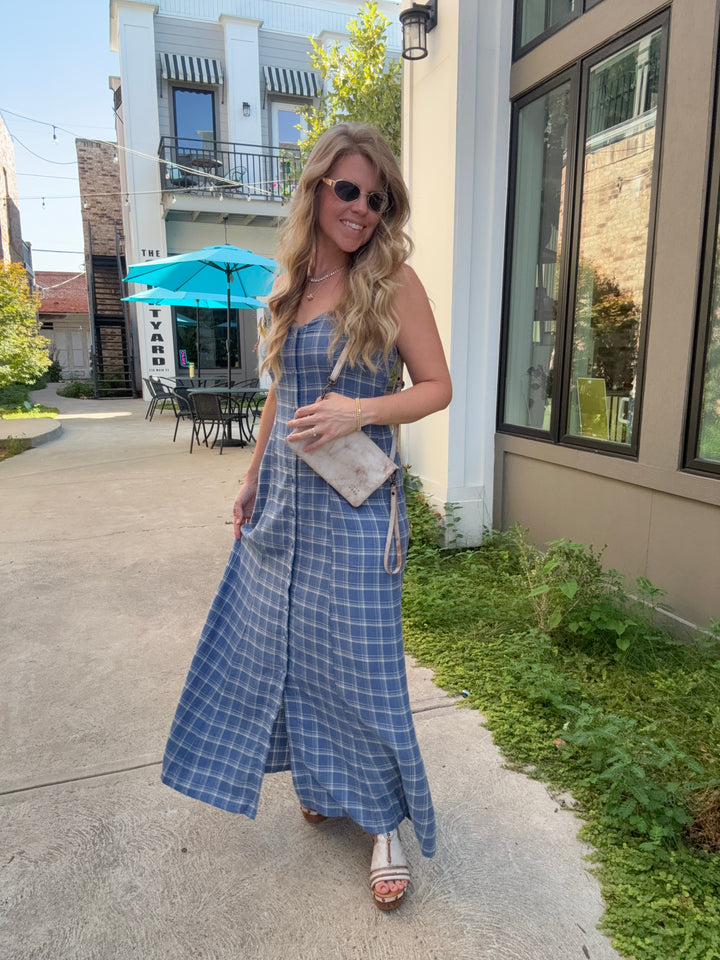 Angel Eyes Plaid Midi Dress- Mystic Blue
