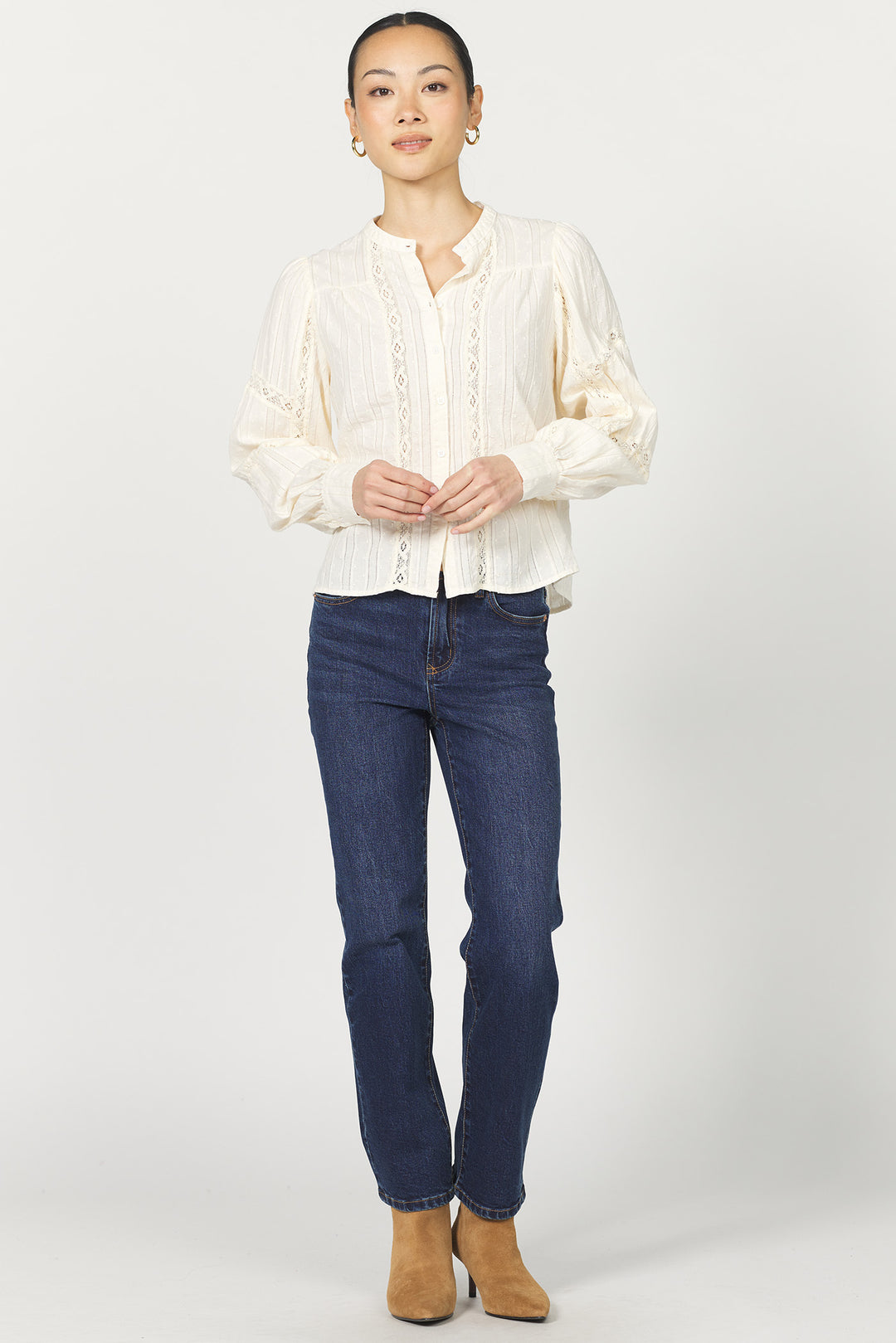 Alberta Long Sleeve Ruffle Blouse- Whitecap Gray