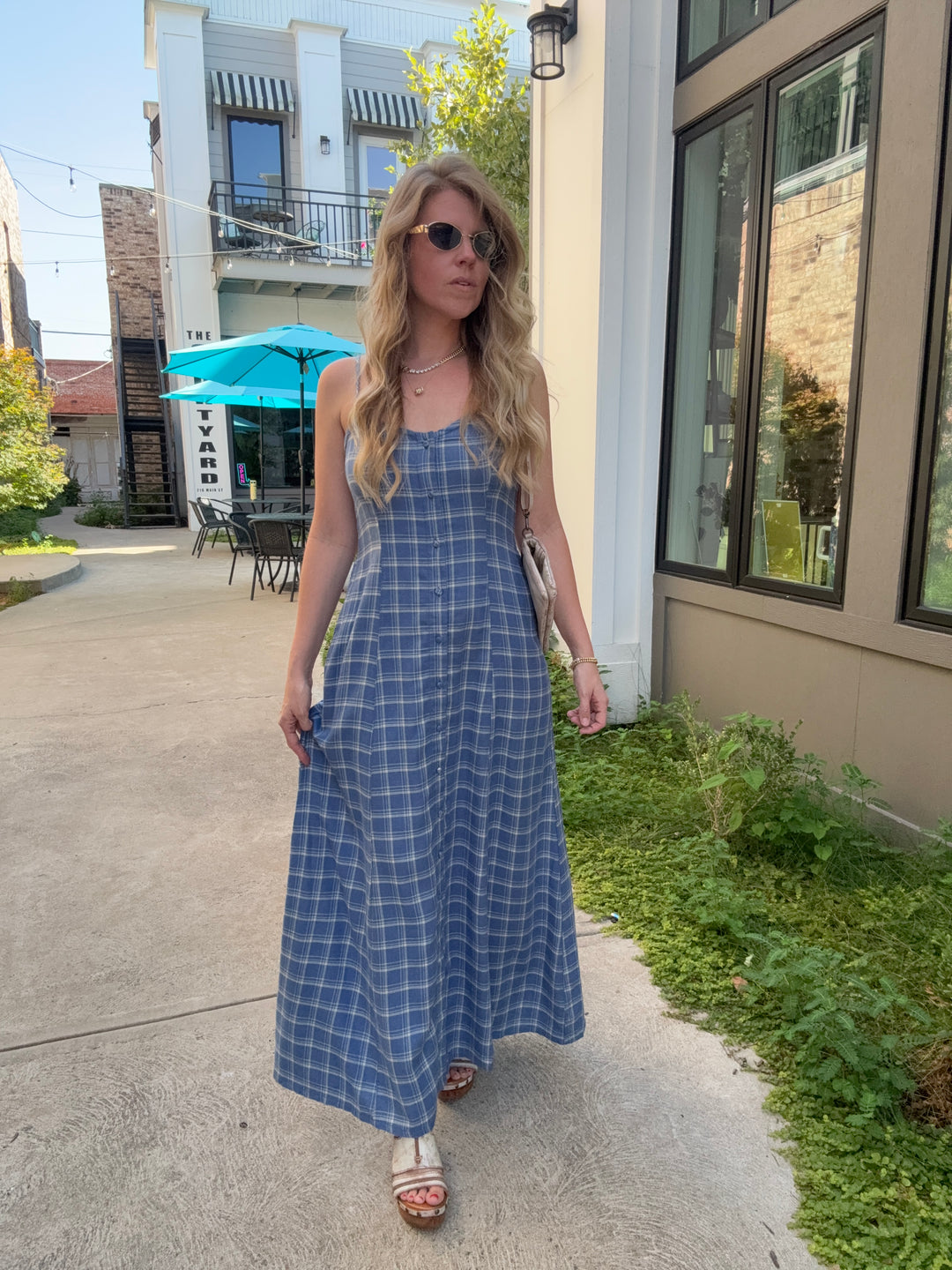 Angel Eyes Plaid Midi Dress- Mystic Blue