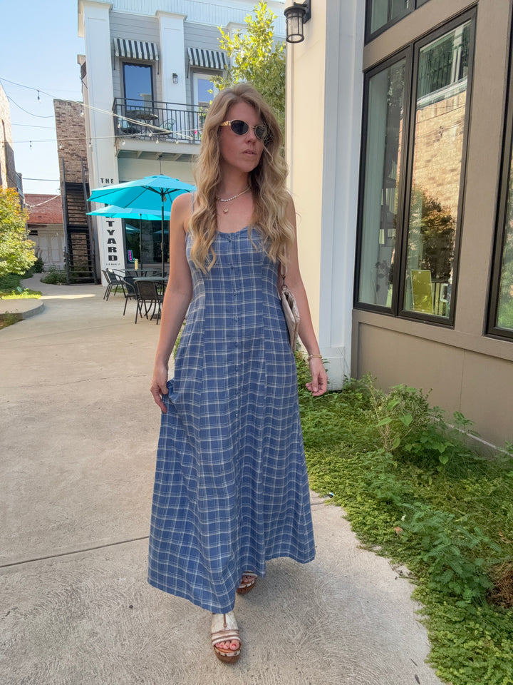 Angel Eyes Plaid Midi Dress- Mystic Blue