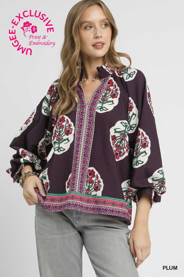 Lina Boho Floral Top- Plum - L