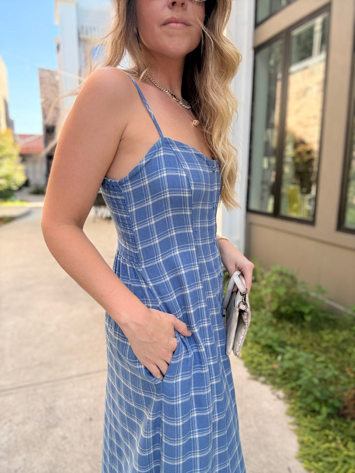 Angel Eyes Plaid Midi Dress- Mystic Blue