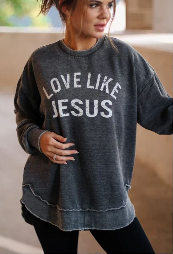 Love Like Jesus Acid Wash Pullover - Grey