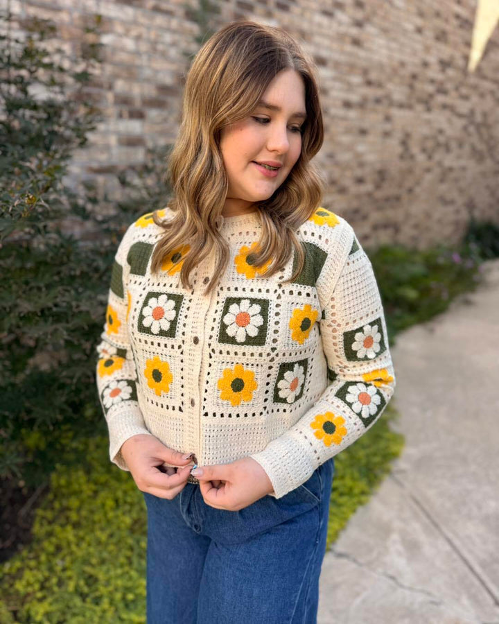 Daisy Square Crochet Cardigan- Yellow - S