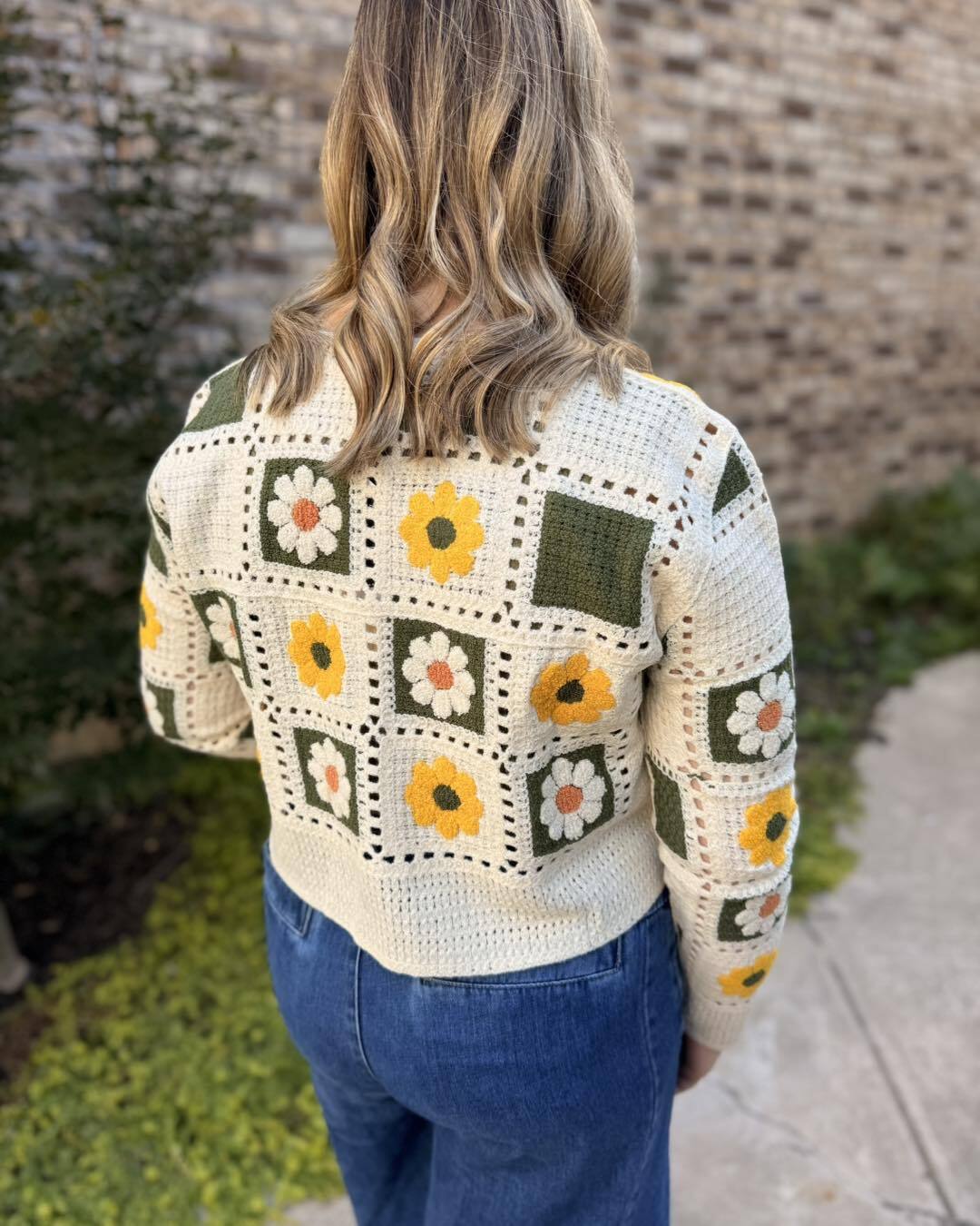 Daisy Square Crochet Cardigan- Yellow - S