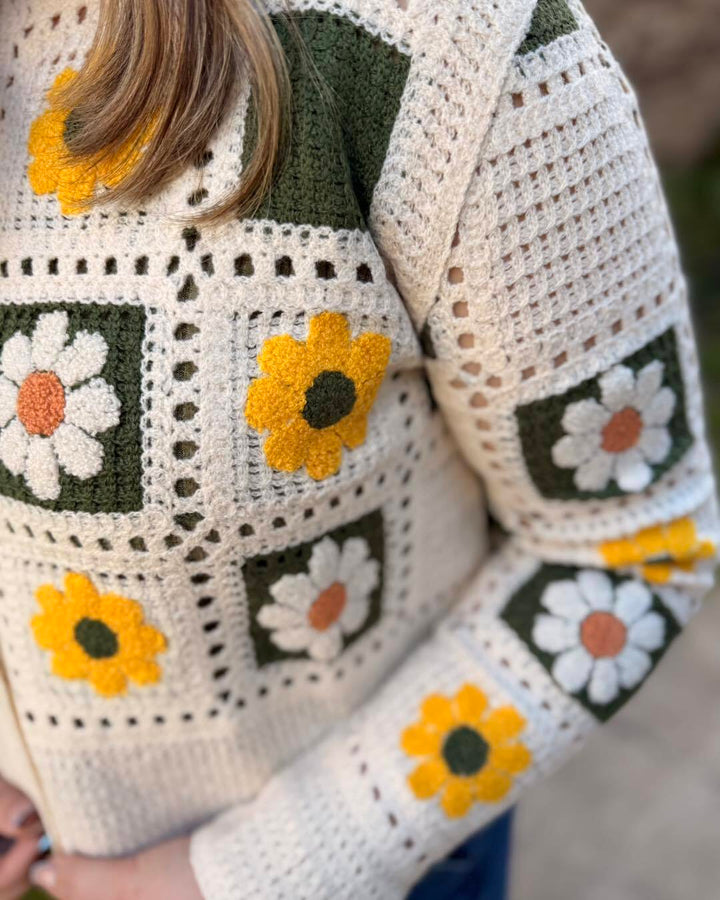 Daisy Square Crochet Cardigan- Yellow - S