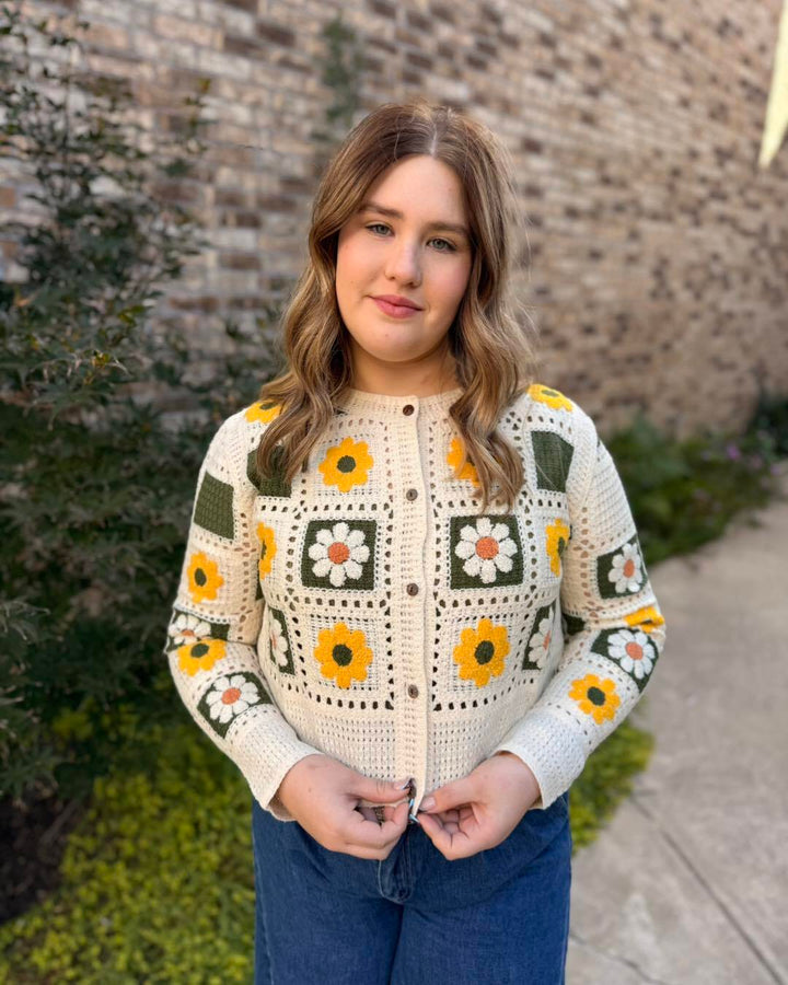 Daisy Square Crochet Cardigan- Yellow - S