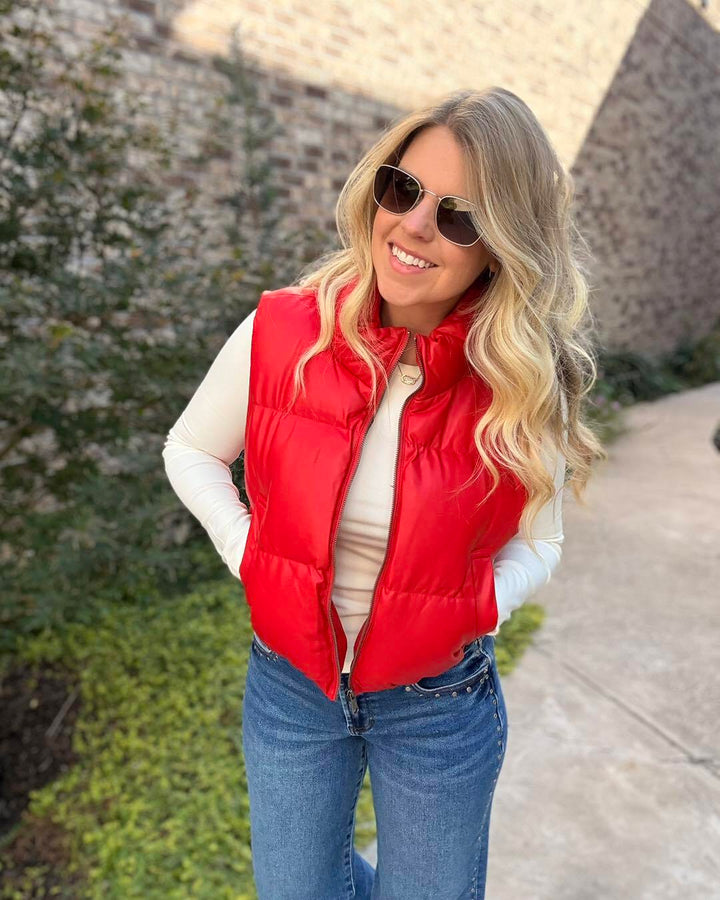 Eddie Faux Leather Cropped Puffer Vest - Red