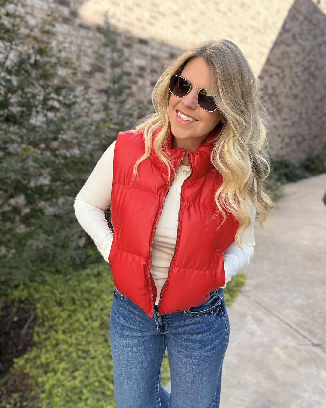 Eddie Faux Leather Cropped Puffer Vest - Red - Lg