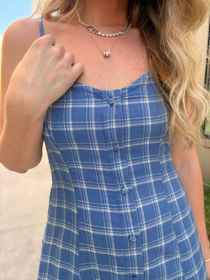 Angel Eyes Plaid Midi Dress- Mystic Blue