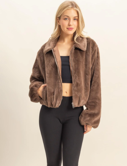 Gus Faux Fur Zip Jacket - Brown - Sm