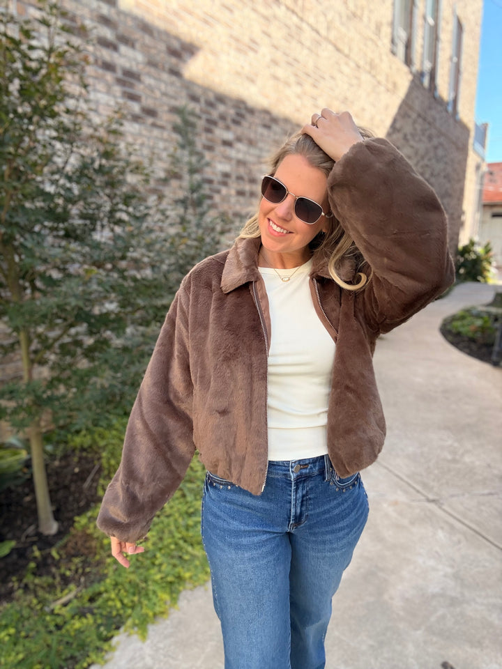 Gus Faux Fur Zip Jacket - Brown