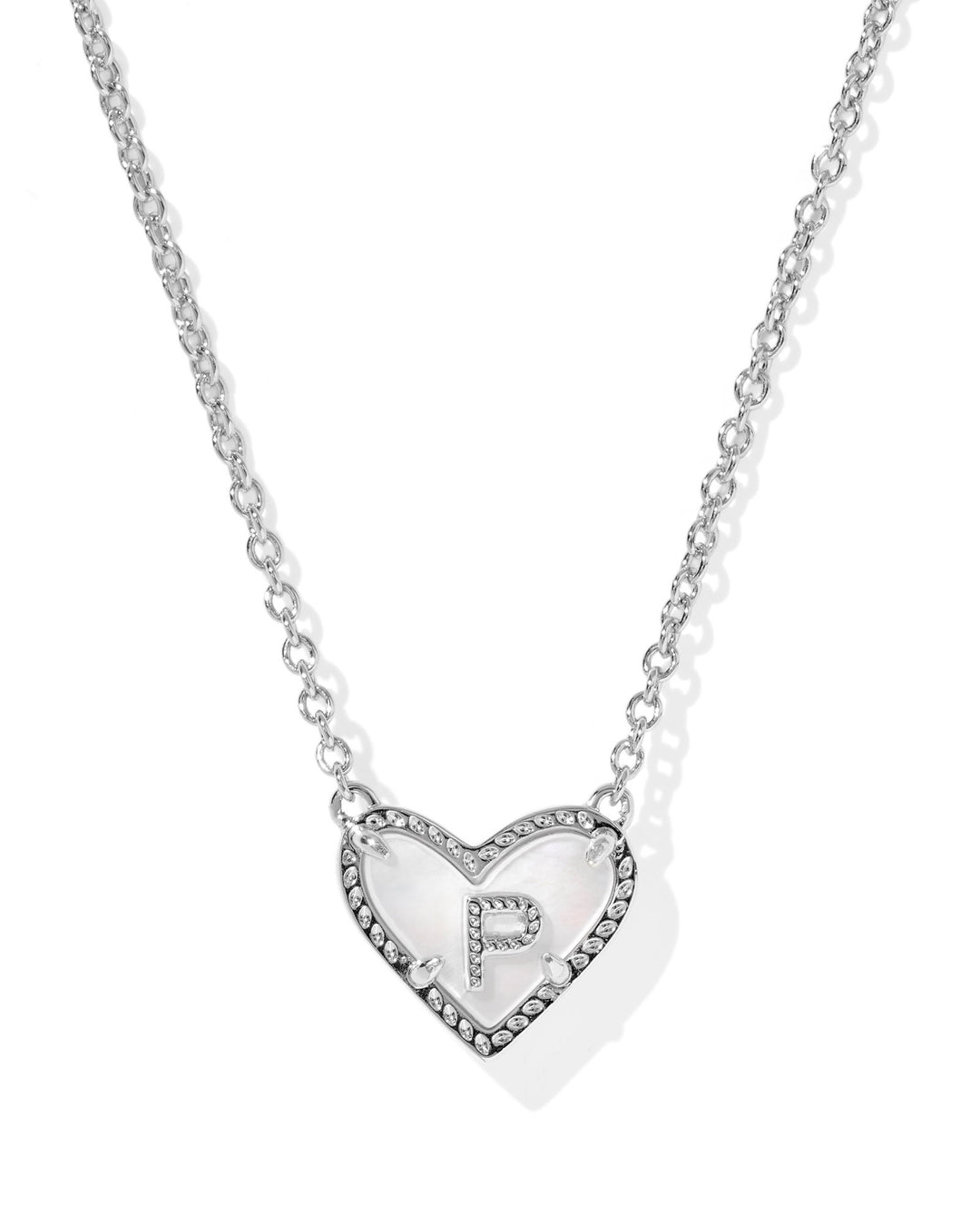 Heart Letter P Short Pendant Necklace Silver Ivory Mother Of Pearl