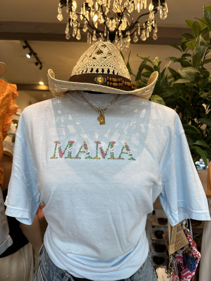Mama Embroidered Tee- Chambray - S