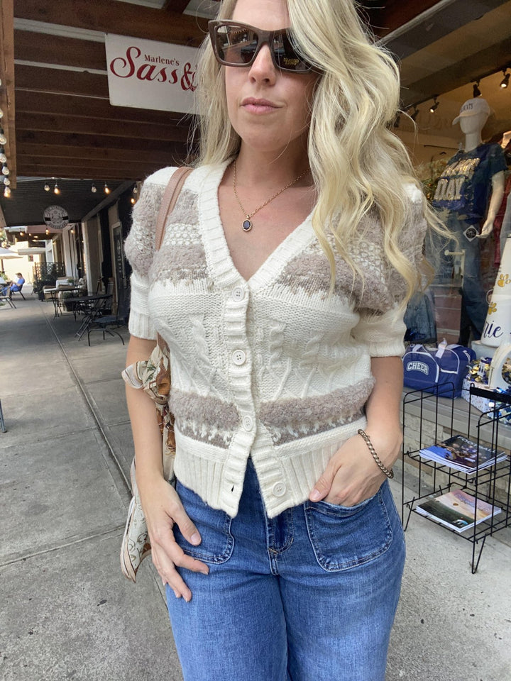 Janae Short Sleeve Button Up Cardigan - Multi Weave - Xs