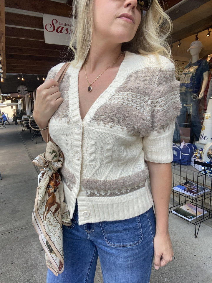 Janae Short Sleeve Button Up Cardigan - Multi Weave - M