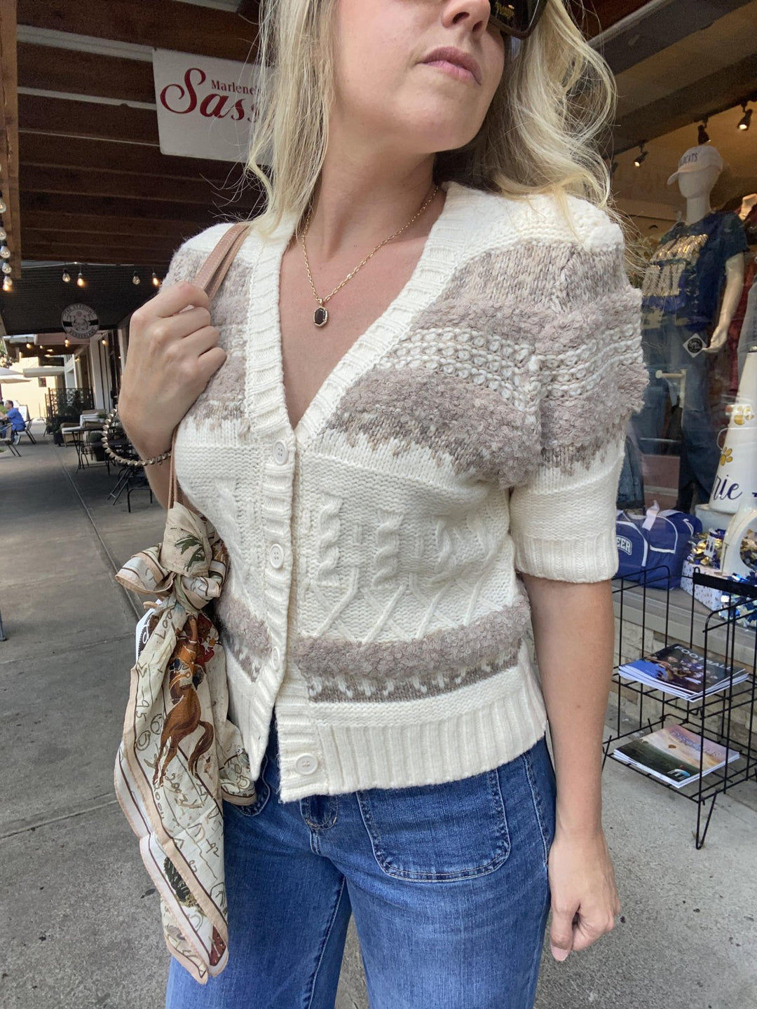 Janae Short Sleeve Button Up Cardigan - Multi Weave - L