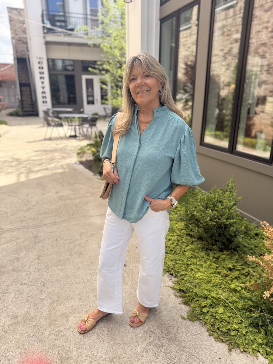 Janice Ruffled Button Down Top- Mint - S