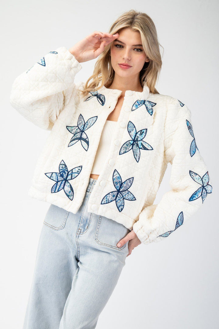 Flower Stitched Quilted Jacket - Cream/Blue