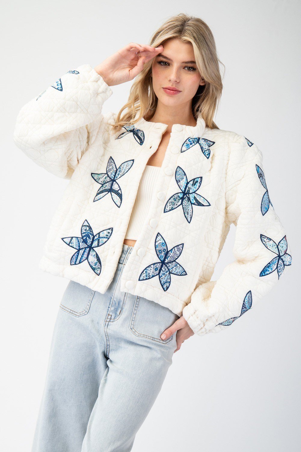 Flower Stitched Quilted Jacket - Cream/Blue - Med