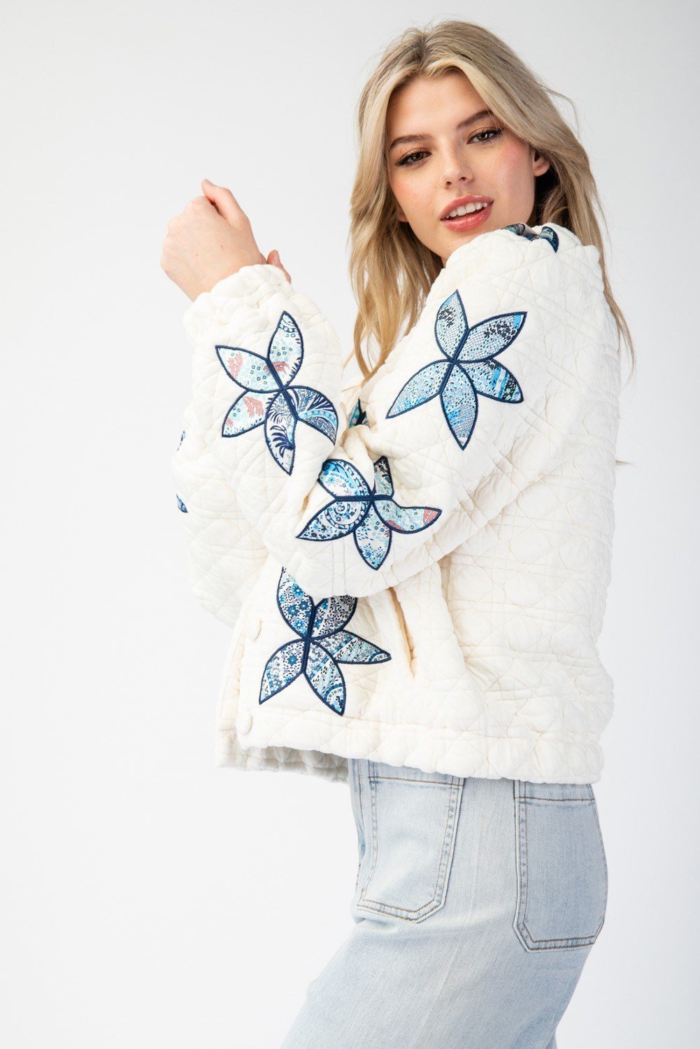 Flower Stitched Quilted Jacket - Cream/Blue