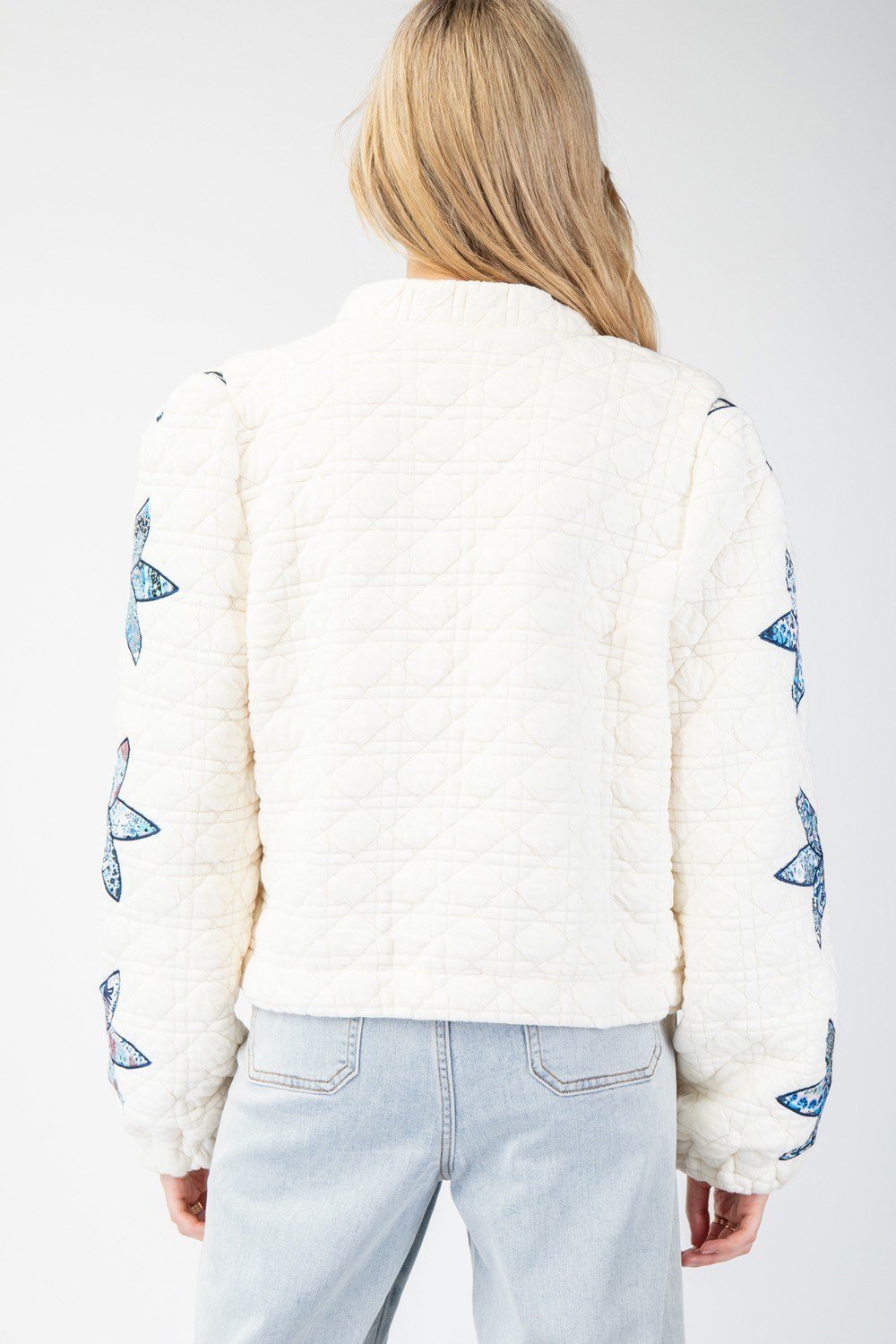 Flower Stitched Quilted Jacket - Cream/Blue - Sm