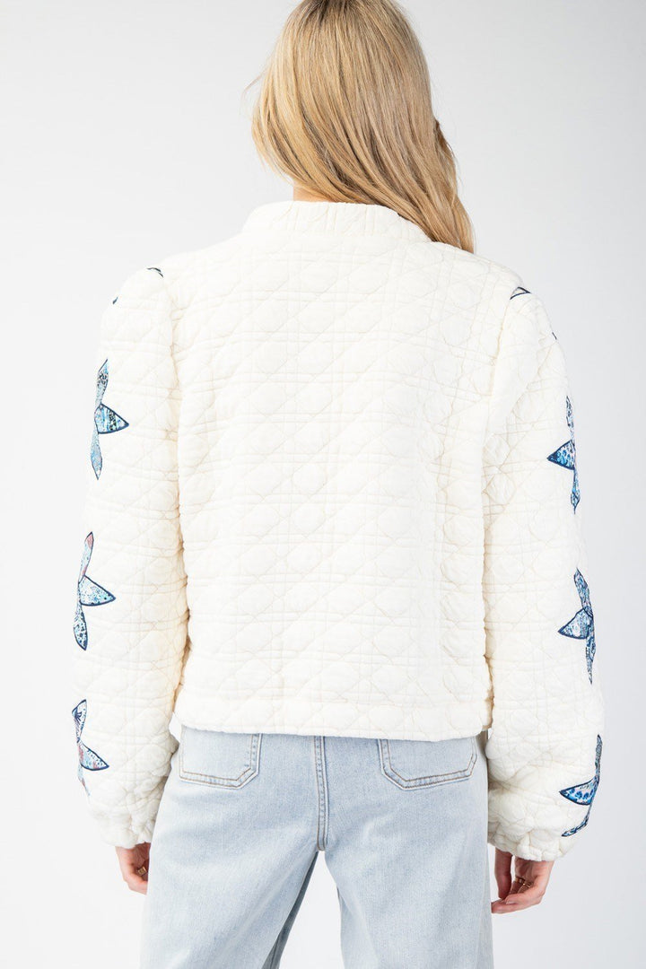 Flower Stitched Quilted Jacket - Cream/Blue