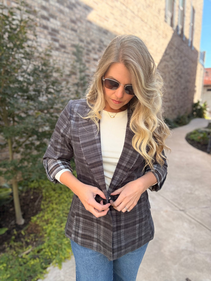 L/S Roll Tab Button Blazer W/ Princess Seam Pockets-Steel Grey/Multi - Xs