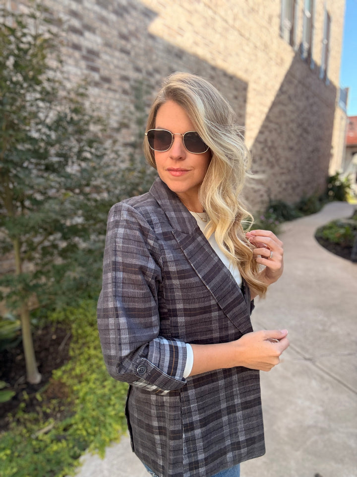 L/S Roll Tab Button Blazer W/ Princess Seam Pockets-Steel Grey/Multi