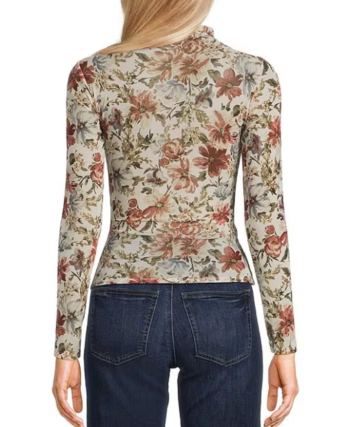 Meadows Floral Mock Neck Mesh Top - Cream Multi - Lg