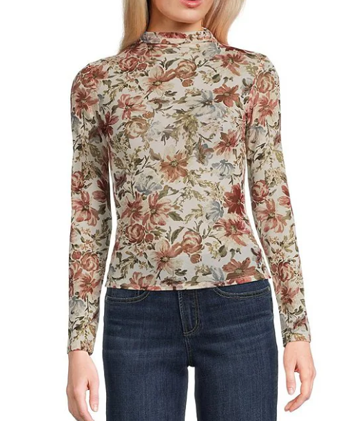 Meadows Floral Mock Neck Mesh Top - Cream Multi - Sm