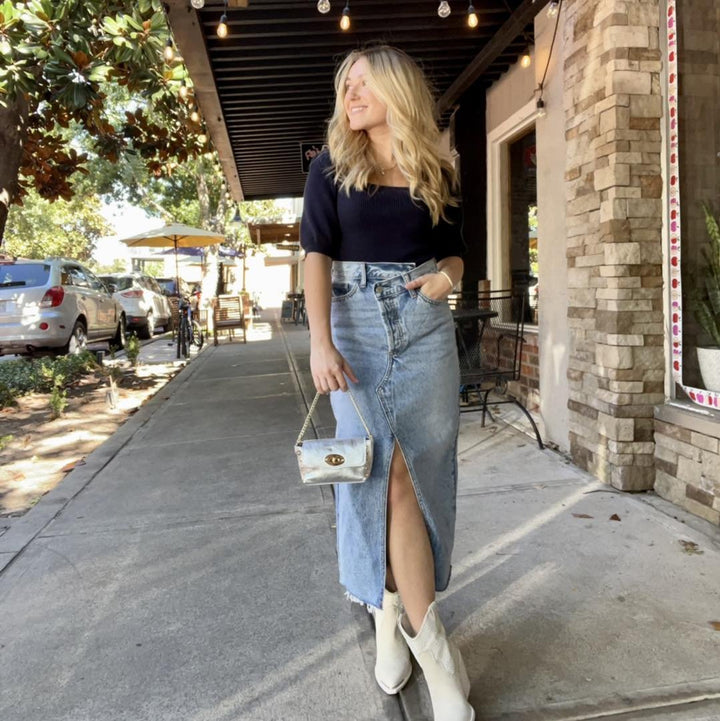 Criss Cross Open Slit Midi Skirt- Light Denim