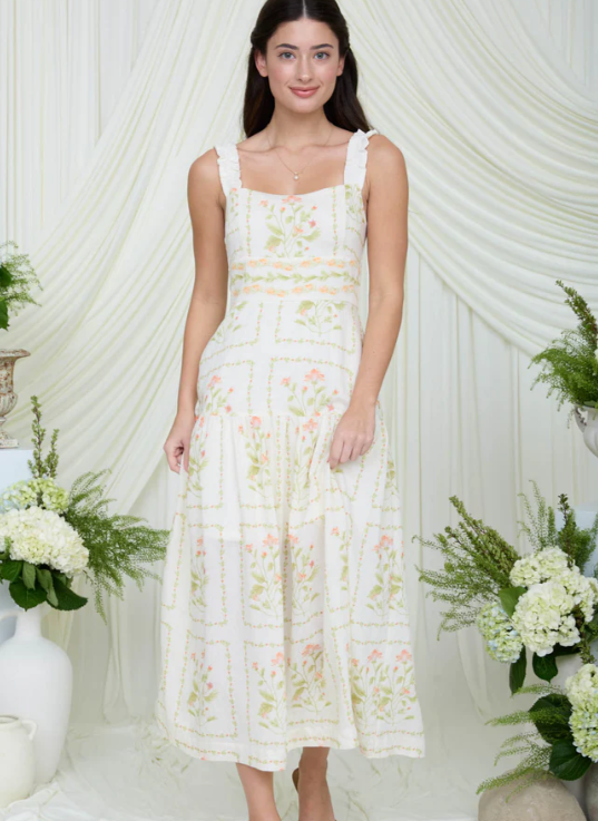 Layla Floral Midi Dress- Cream