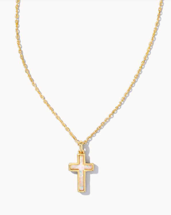 Cross Pendant Necklace- Gold White Opal
