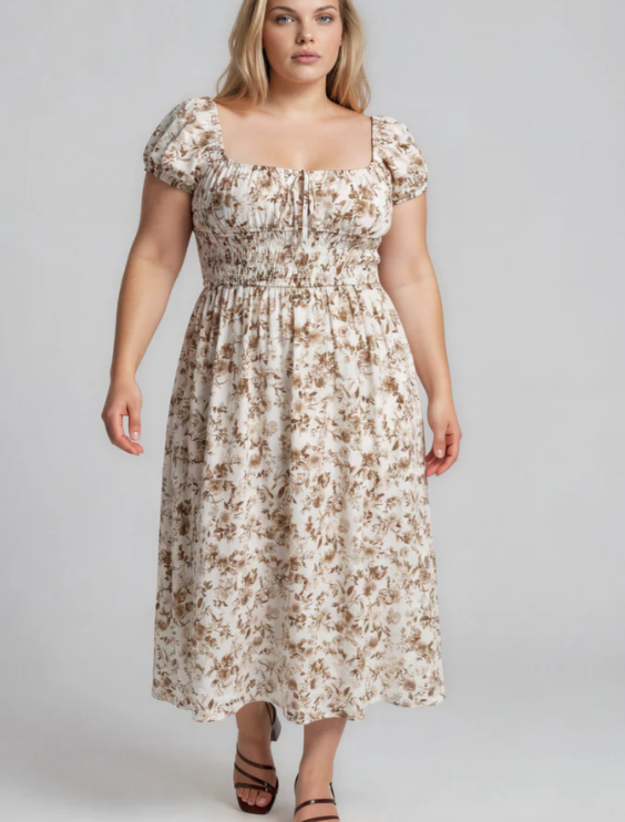 Kari Floral Midi Dress- Brown Multi