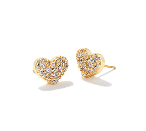 Ari Pave Crystal Heart Earrings Gold Metal White