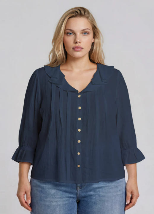 Rita Ruffled V-Neck Blouse- Navy