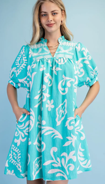 Airy Ruffled V-Neck Dress- Aqua Mix