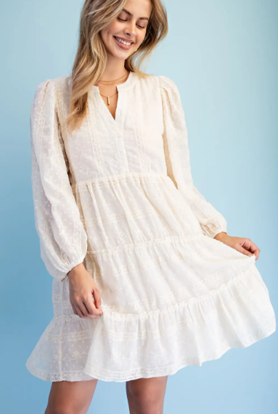 Marcia V-Neck Emb. Dot Dress- Natural